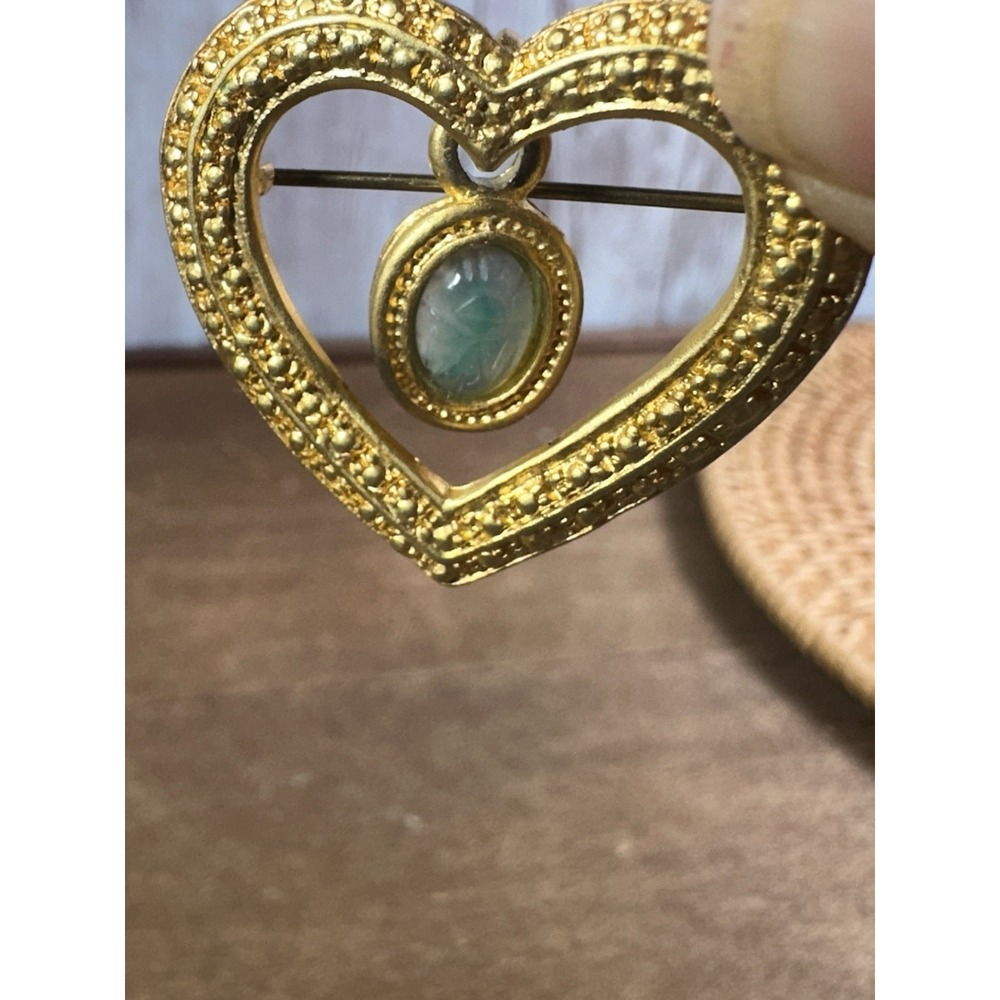 Vintage Heart‎ Pin Brooch 90s Genuine Carved Scarab Semi Precious Stone - Picture 3 of 10